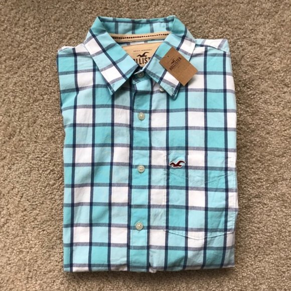 Men's Hollister Teal and White Checkered Button Up - Picture 10 of 10